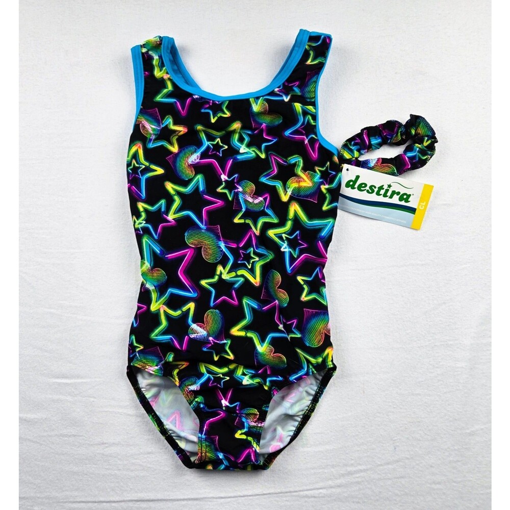 NWT Destira Child Large Neon Lights Racerback Gymnastics Leotard CL Scrunchie